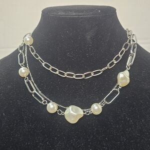 Layered Baroque Faux Pearl & Paperclip Chain Necklace